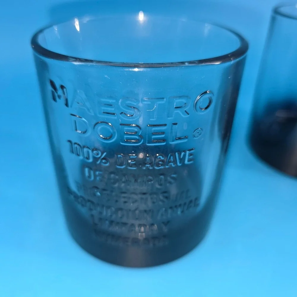 Maestro Dobel Tequila Rocks Glasses Set of 2 Smoky‎ Blue Grey Embossed Agave